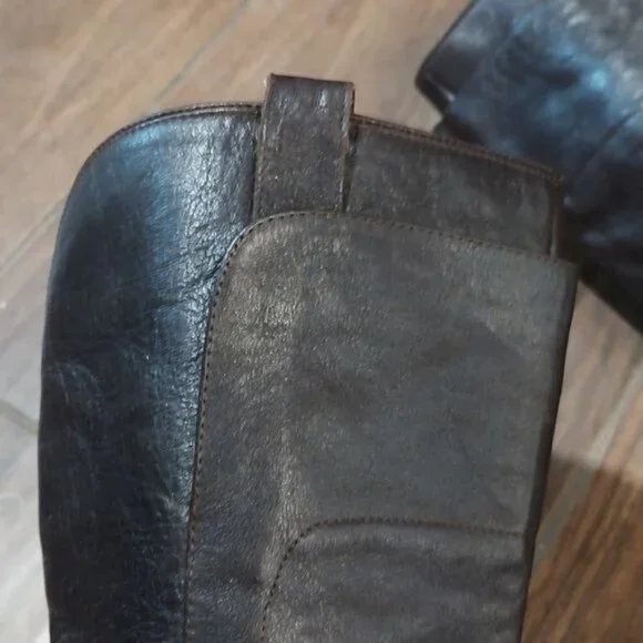 Frye Paige tall riding boot leather layer dark brown stack heel - Picture 6 of 12